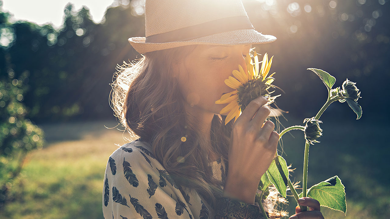 Frau riecht an einer schönen Sonnenblume