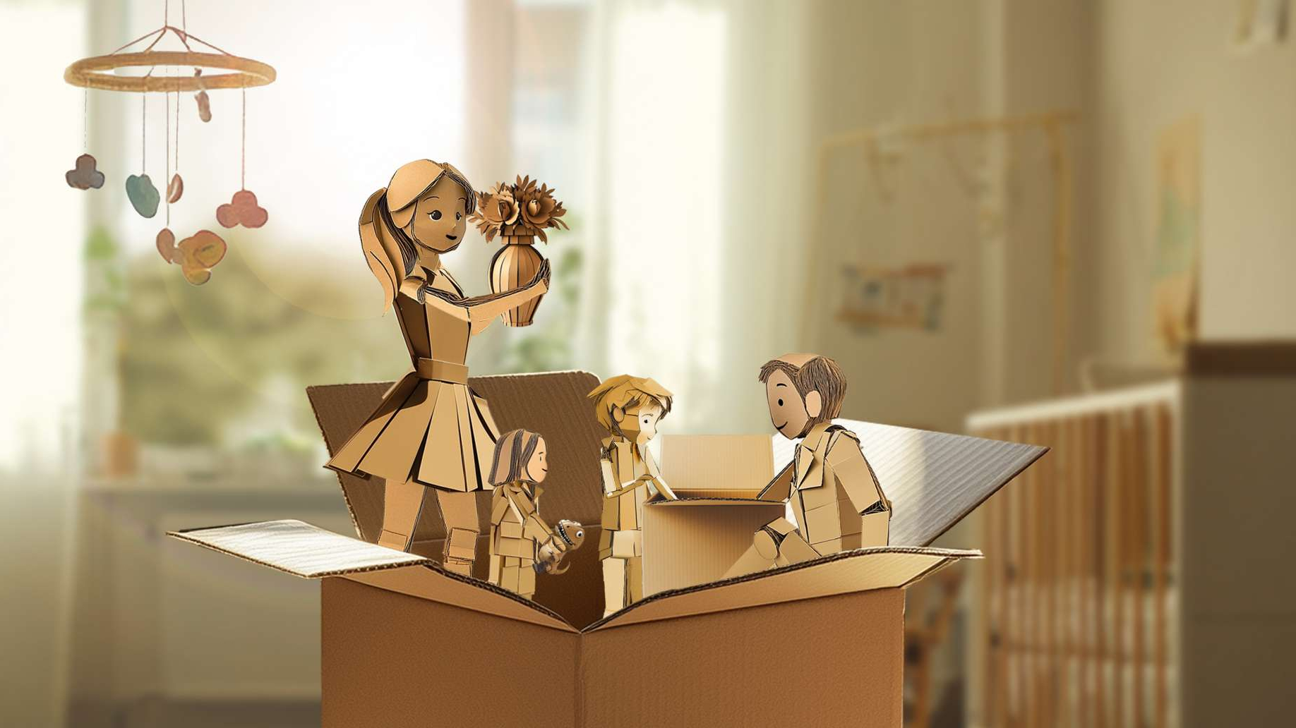 Symbolische Darstellung einer Familie mit Umzugskarton in einem Kinderzimmer