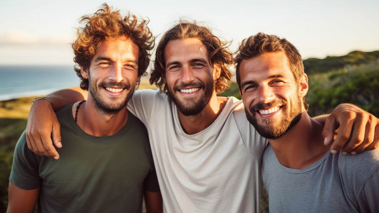 Drei Urlaubsfreunde halten sich im Arm